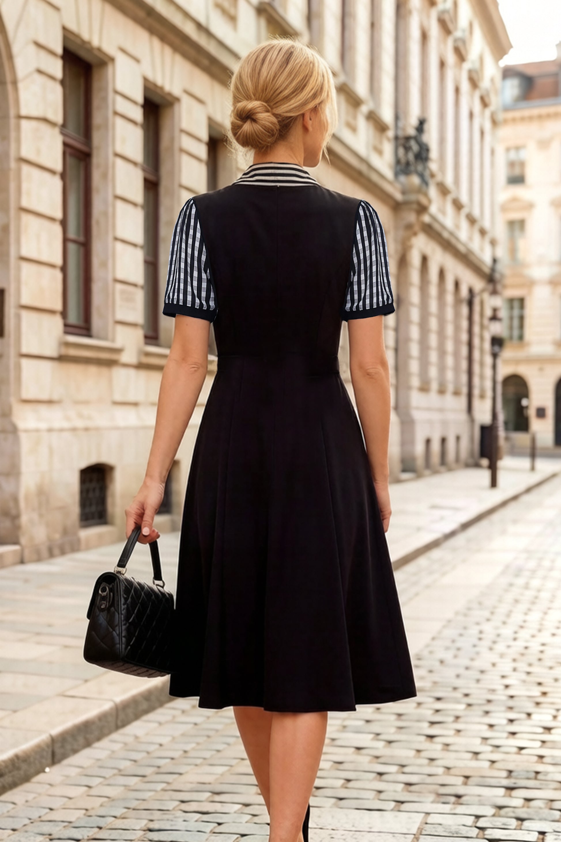 Women's Tie V-Neck Short Sleeve Pocket Midi Dress - LAI MENG FIVE CATS