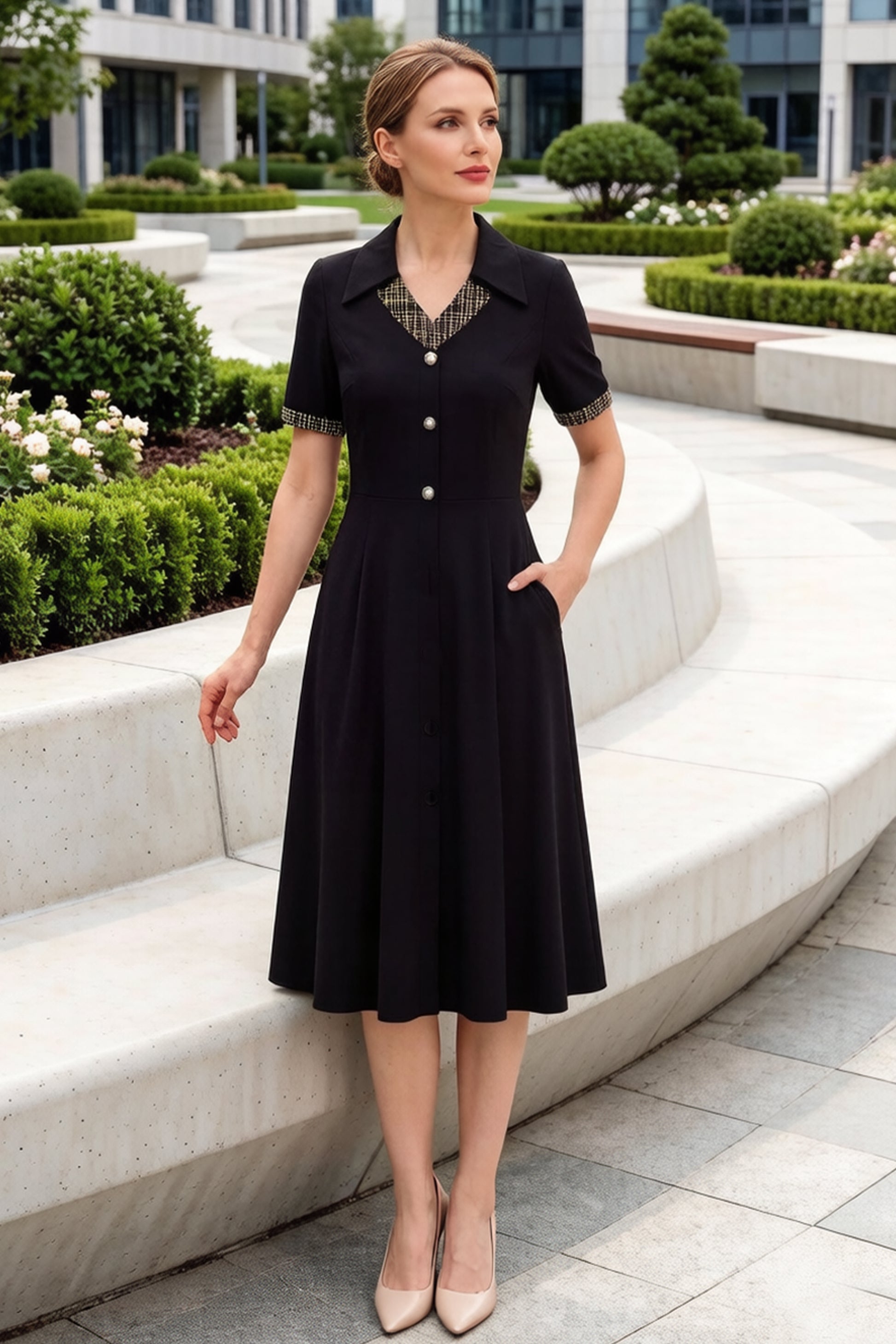 Women's Lapel V-Neck Pocket Short Sleeve Midi Dress - LAI MENG FIVE CATS