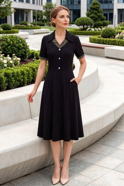 Women's Lapel V-Neck Pocket Short Sleeve Midi Dress - LAI MENG FIVE CATS