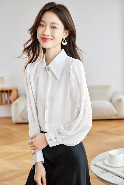 Women's V Neck Lantern Sleeve Blouse Button Tops