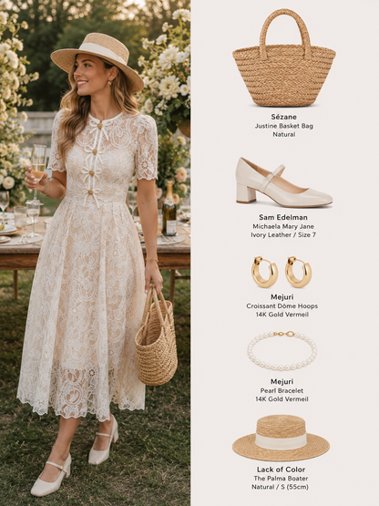 Cream Lace Bow Midi Dress – Romantic Puff Sleeve Summer Dress