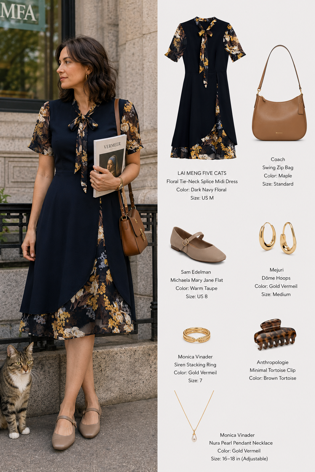 Floral Short-sleeved Tie Neck Midi Dress – Navy Blue