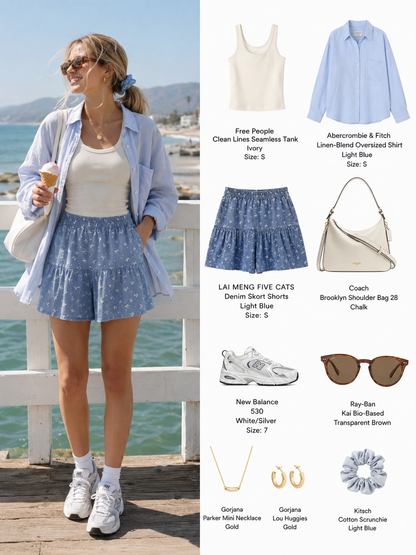 Floral Denim Skort Shorts – Elastic Waist & Pockets - LAI MENG FIVE CATS