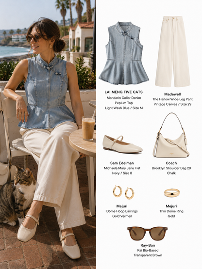 Mandarin Collar Denim Peplum Top