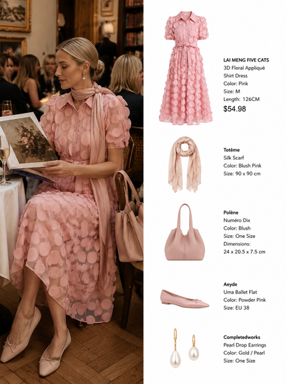 LAI MENG FIVE CATS Pink 3D Floral Midi Dress