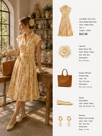 The Lemon Atelier Girl Printed Belted Midi Dress