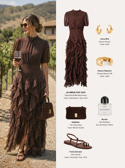 Dark Brown Polka Dot Ruffle Chiffon Maxi Dress