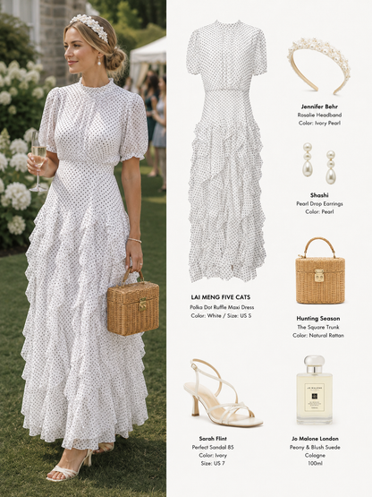 White Polka Dot Ruffle Chiffon Maxi Dress