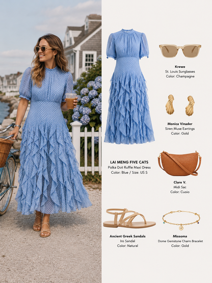 Blue Short Sleeve Polka Dot Ruffle Chiffon Maxi Dress - LAI MENG FIVE CATS