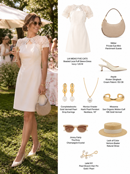 Ivory Beaded Lace Puff Sleeve Dress