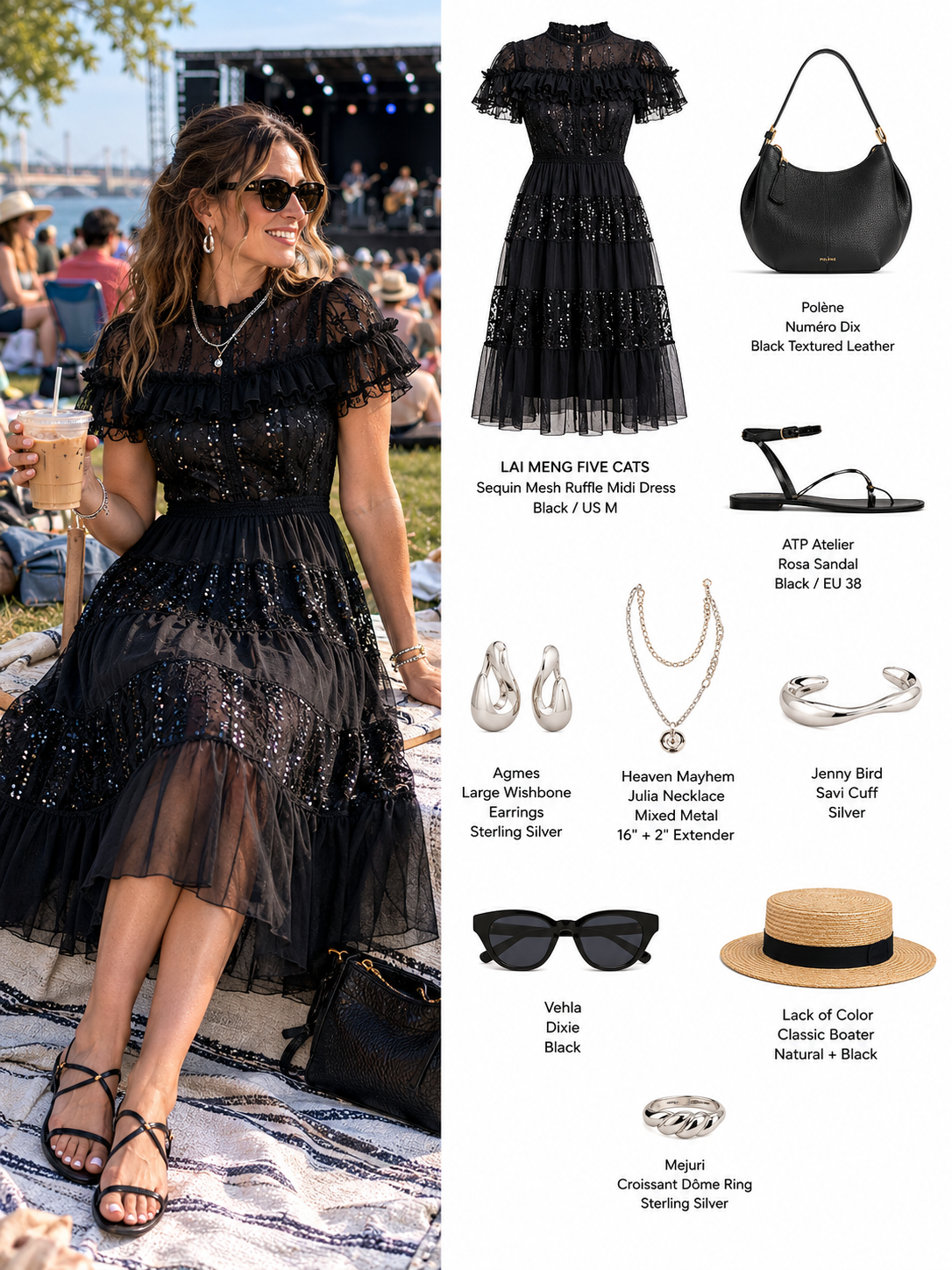 Sequin Lace Ruffle Midi Dress – Black