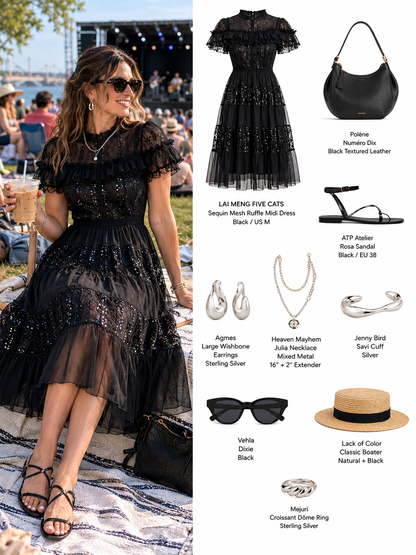 Sequin Lace Ruffle Midi Dress – Black