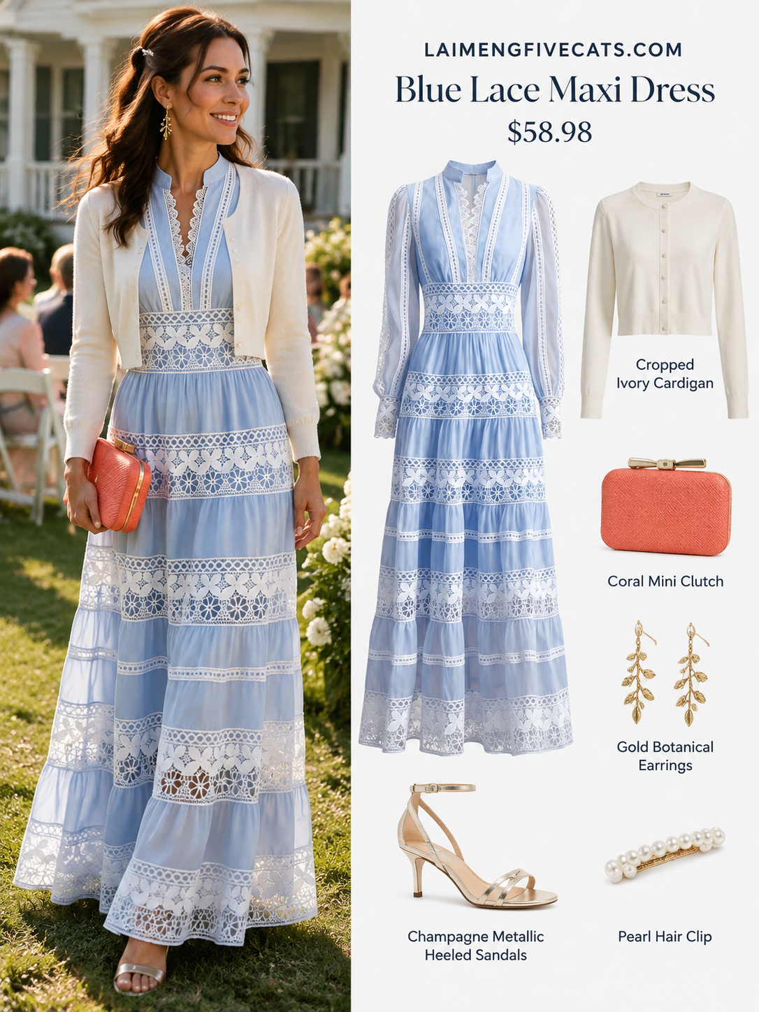 Women's Blue V-Neck Boho Chic Lace Tiered Maxi Dress - LAI MENG FIVE CATS
