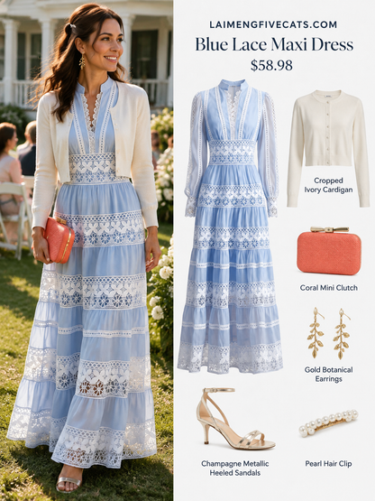 Women's Blue V-Neck Boho Chic Lace Tiered Maxi Dress - LAI MENG FIVE CATS