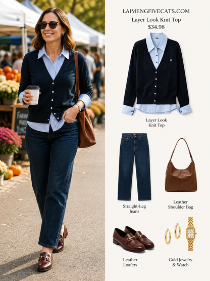 Navy Striped Layered Knit Top
