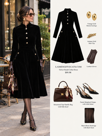 Black Velvet Stand-Collar Midi Dress with Gold Buttons & Pockets