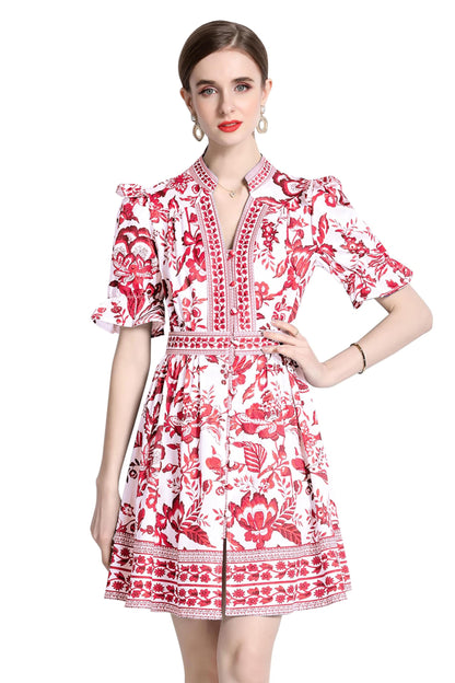 BK-Short Puff Sleeve Floral  Mini Dress