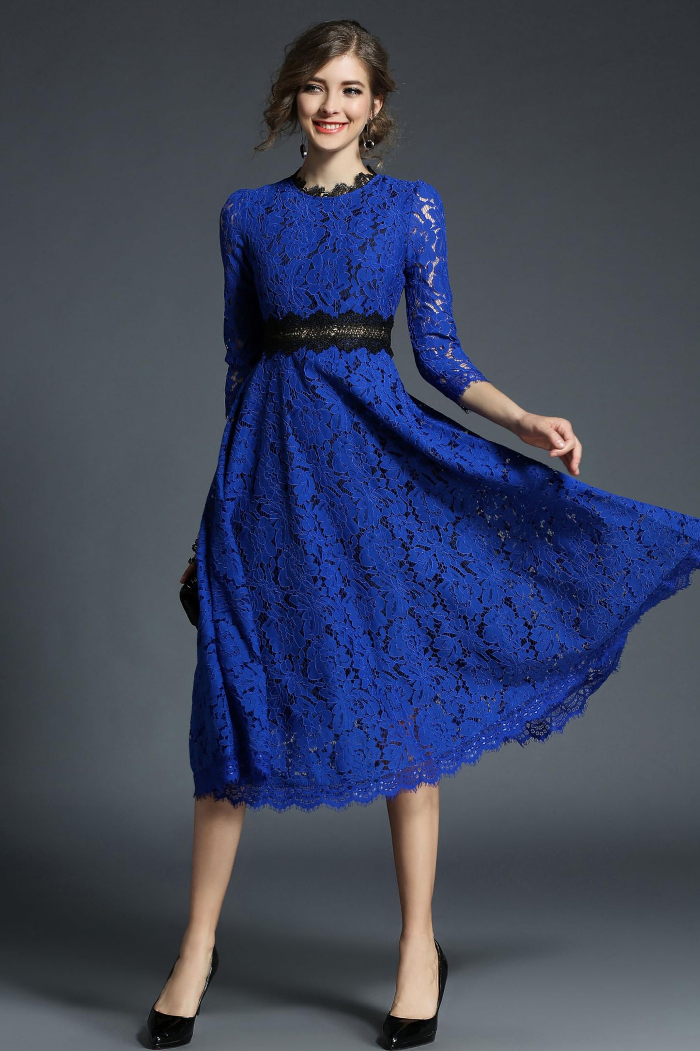 Women's 3/4 Sleeve Floral Lace Cocktail Party Midi Dress