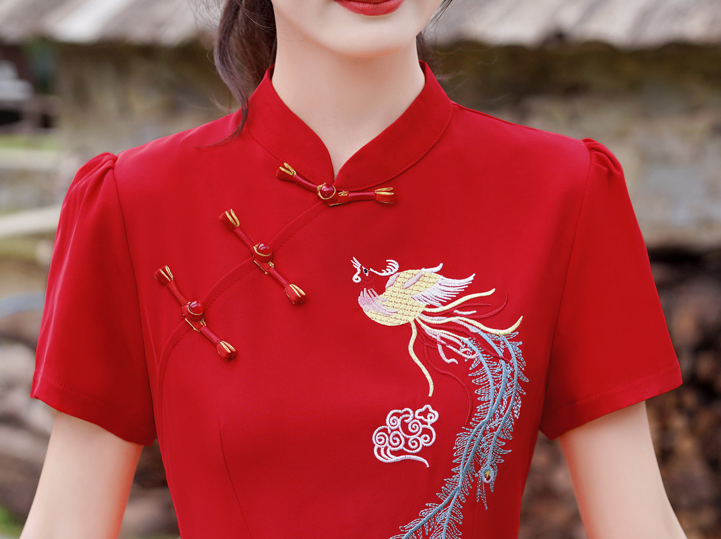 Women's Chinese Cheongsam Embroidery Mini Red Dress