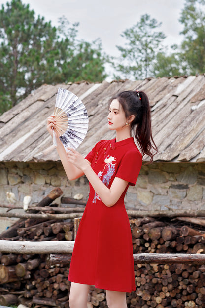 Women's Chinese Cheongsam Embroidery Mini Red Dress