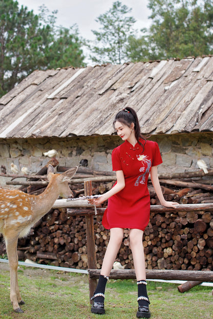 Women's Chinese Cheongsam Embroidery Mini Red Dress