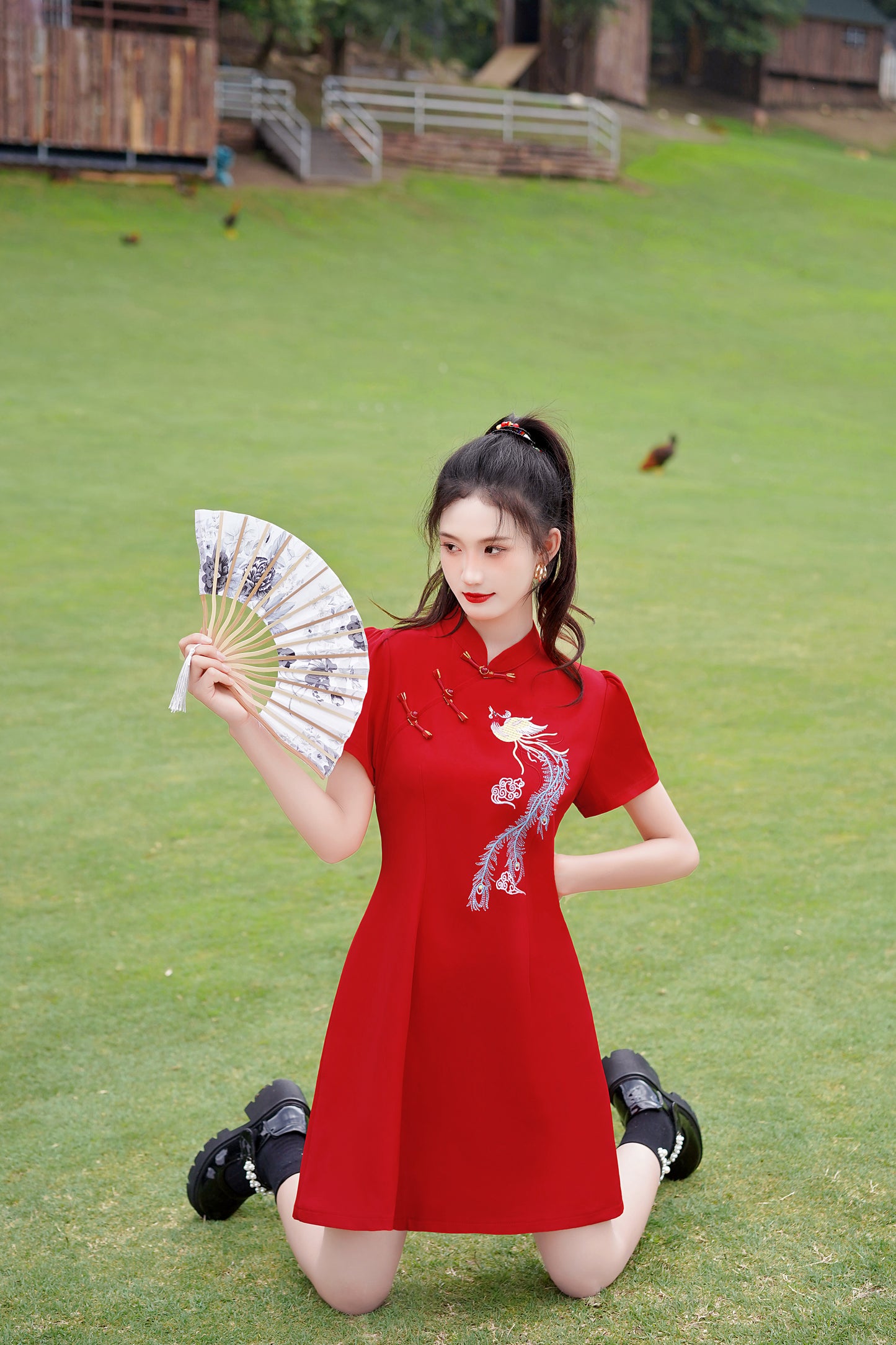 Women's Chinese Cheongsam Embroidery Mini Red Dress