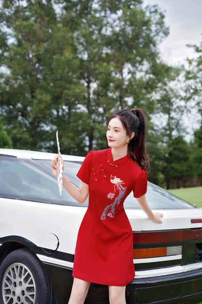 Women's Chinese Cheongsam Embroidery Mini Red Dress