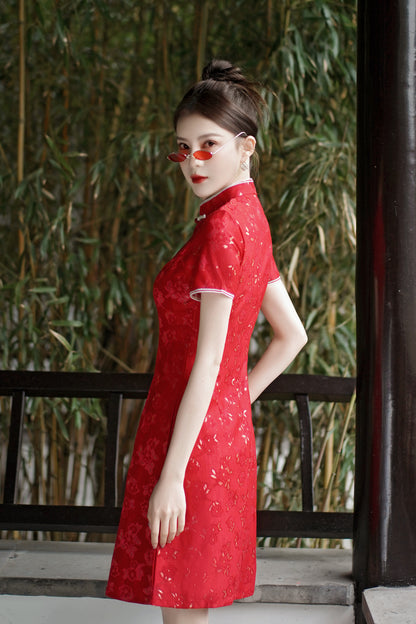 Women's Chinese Cheongsam Lace Embroidery Mini Dress