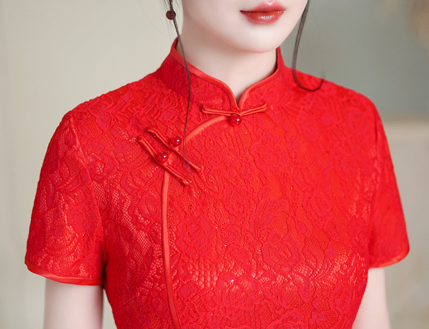 Women's Chinese Cheongsam Solid color Mini Lace Dress