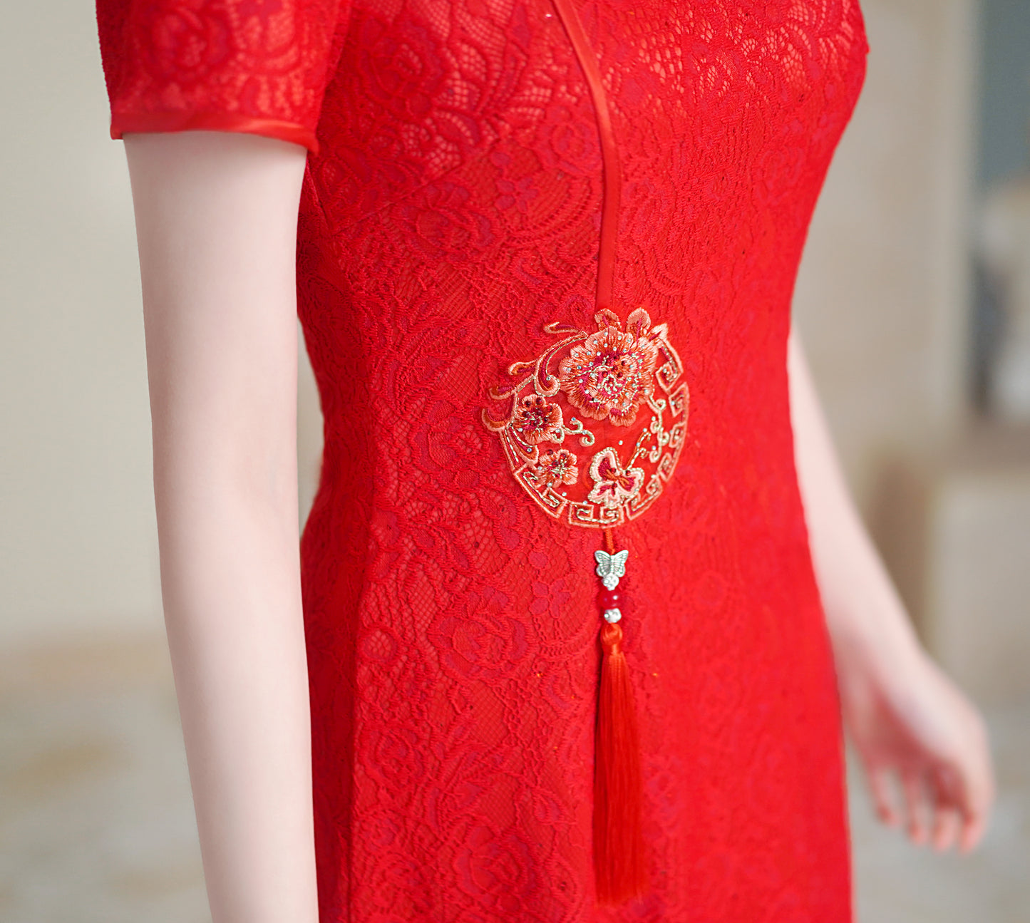 Women's Chinese Cheongsam Solid color Mini Lace Dress