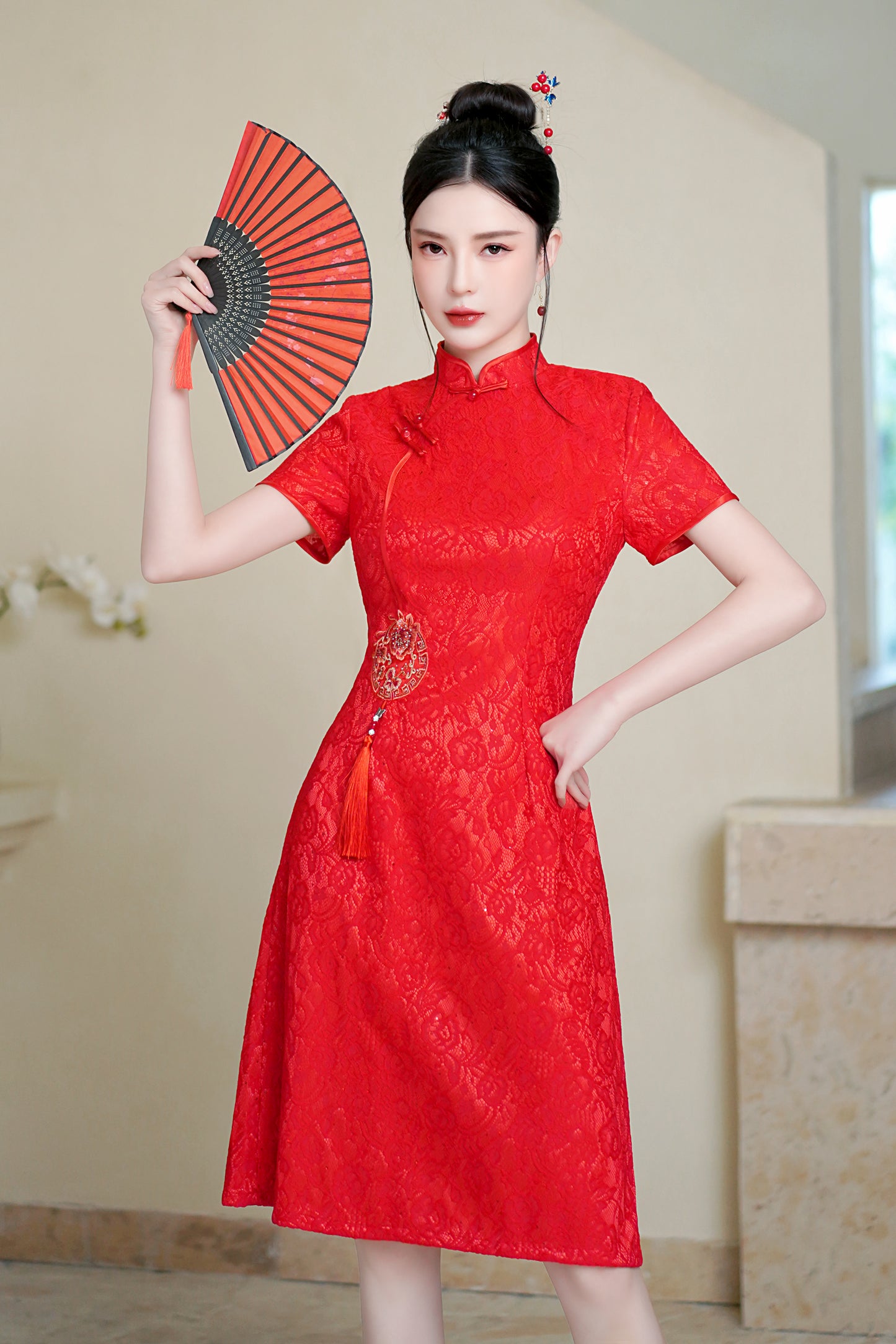 Women's Chinese Cheongsam Solid color Mini Lace Dress