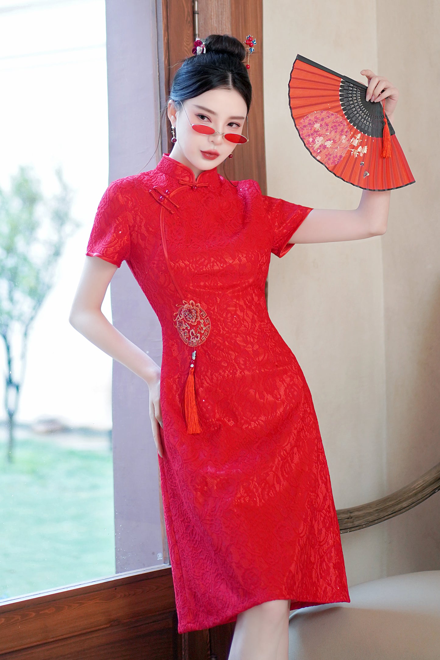 Women's Chinese Cheongsam Solid color Mini Lace Dress