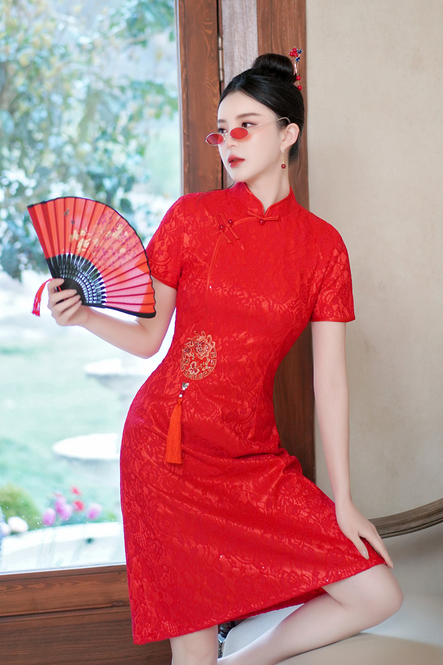 Women's Chinese Cheongsam Solid color Mini Lace Dress