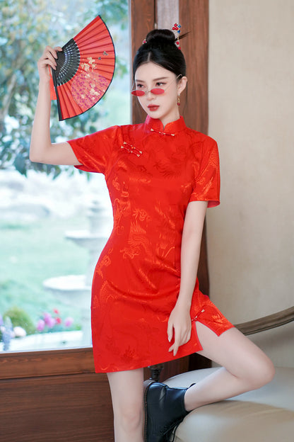 Women's Chinese Cheongsam Print Side Slit Mini Dress