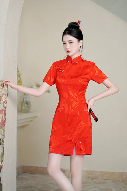 Women's Chinese Cheongsam Print Side Slit Mini Dress