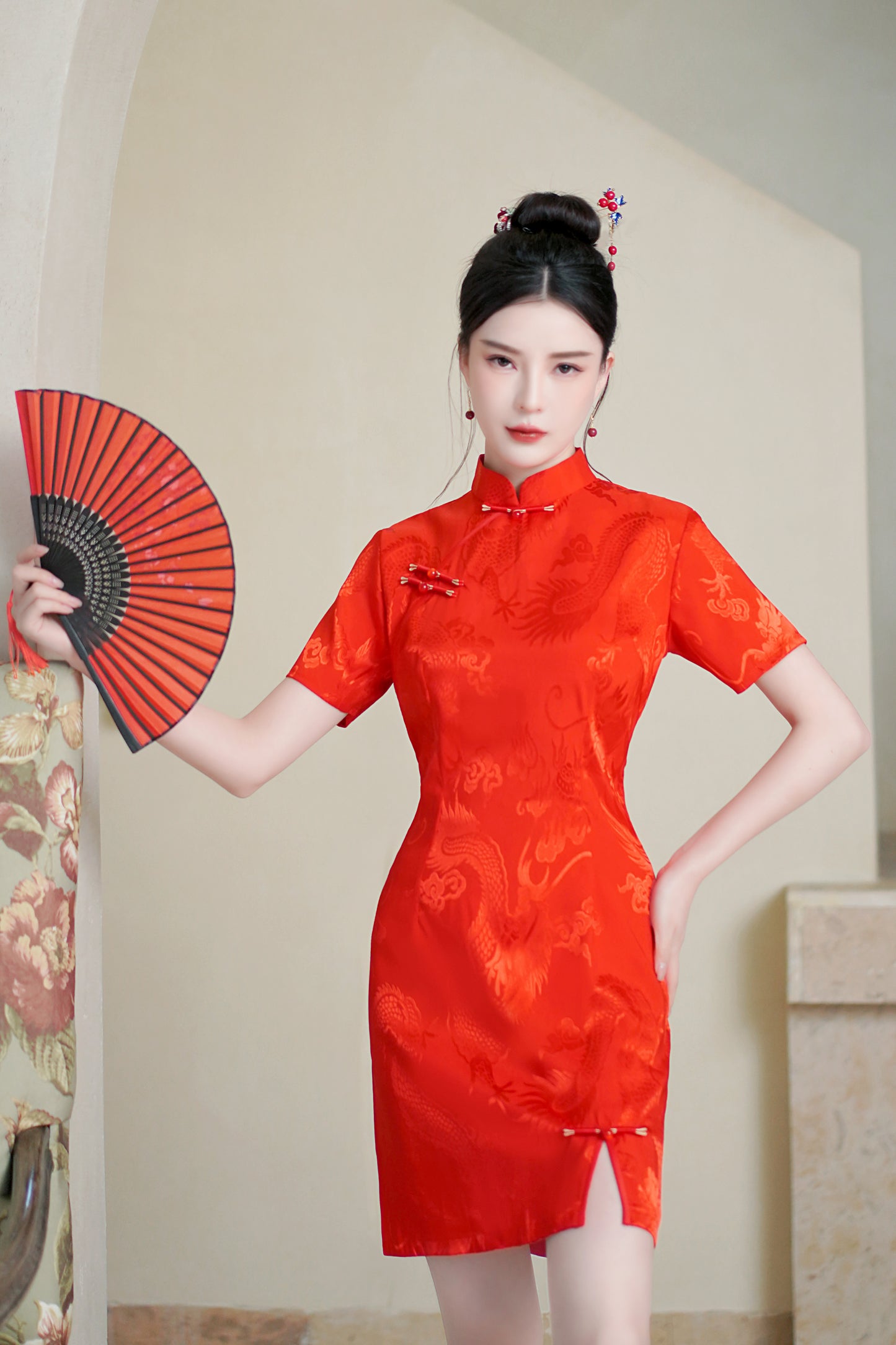 Women's Chinese Cheongsam Print Side Slit Mini Dress