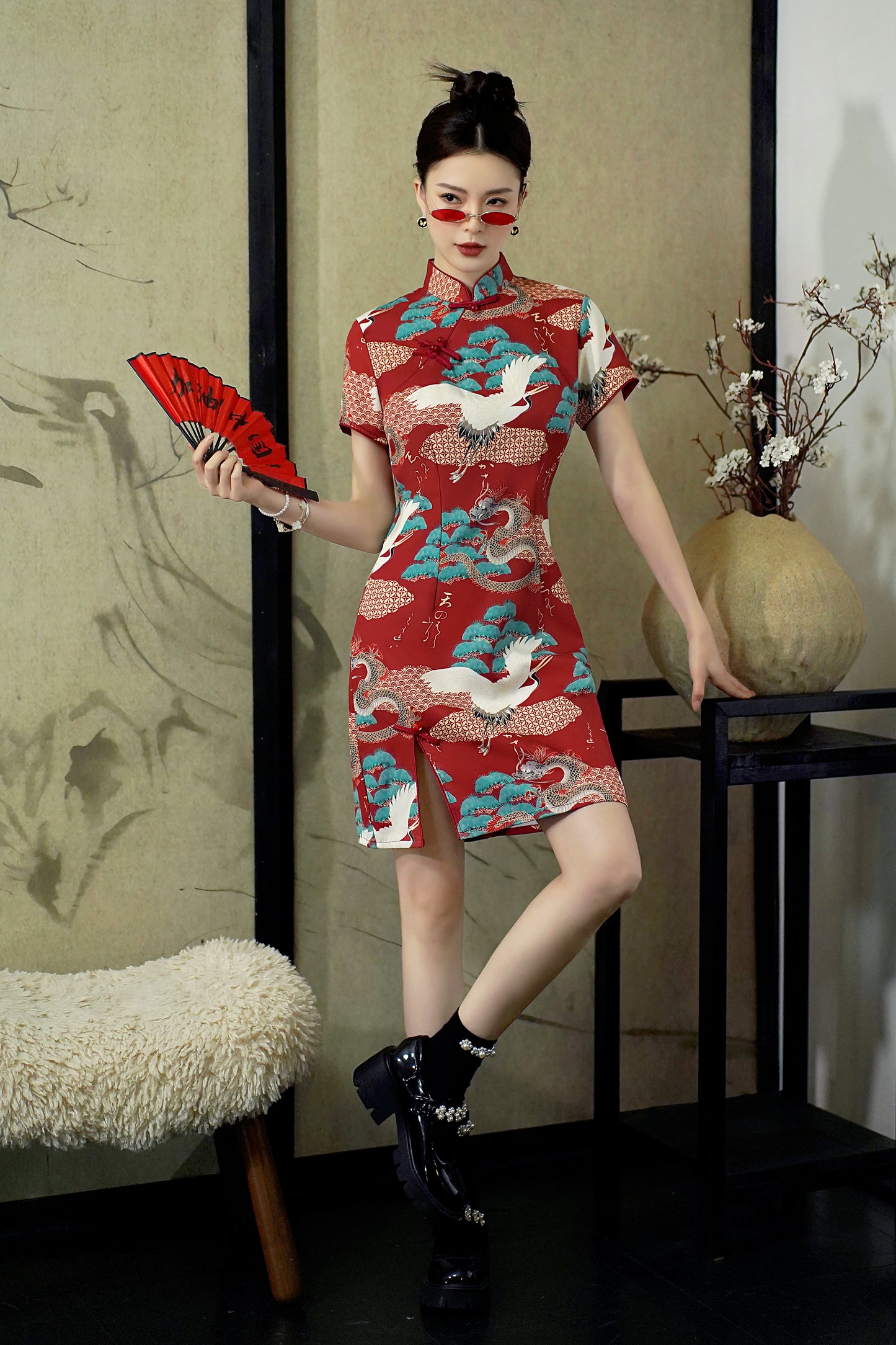 Women's Chinese Cheongsam Print Side Slit Mini Dress