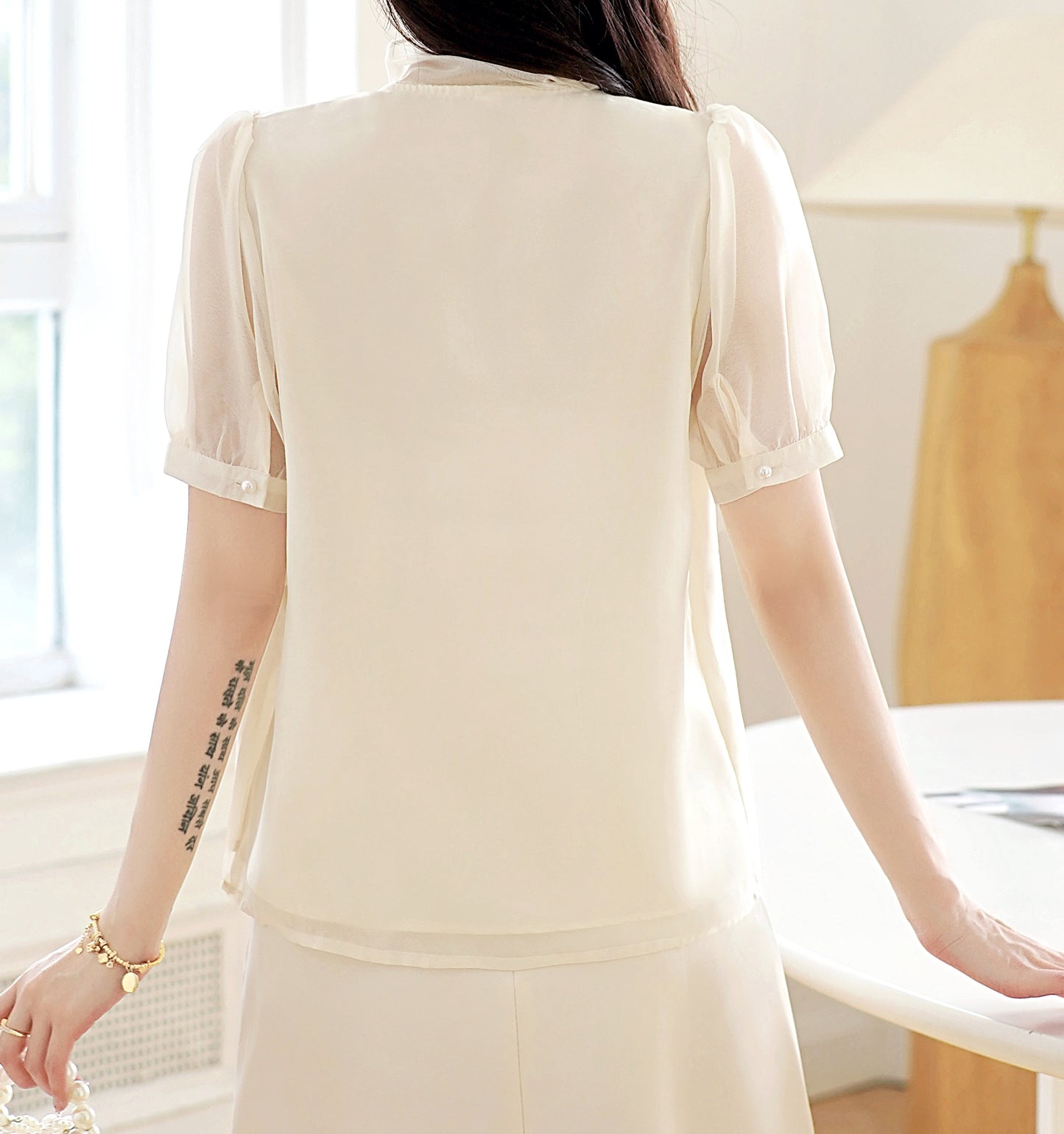 Elegant Bow Tie Pearl Accent Blouse