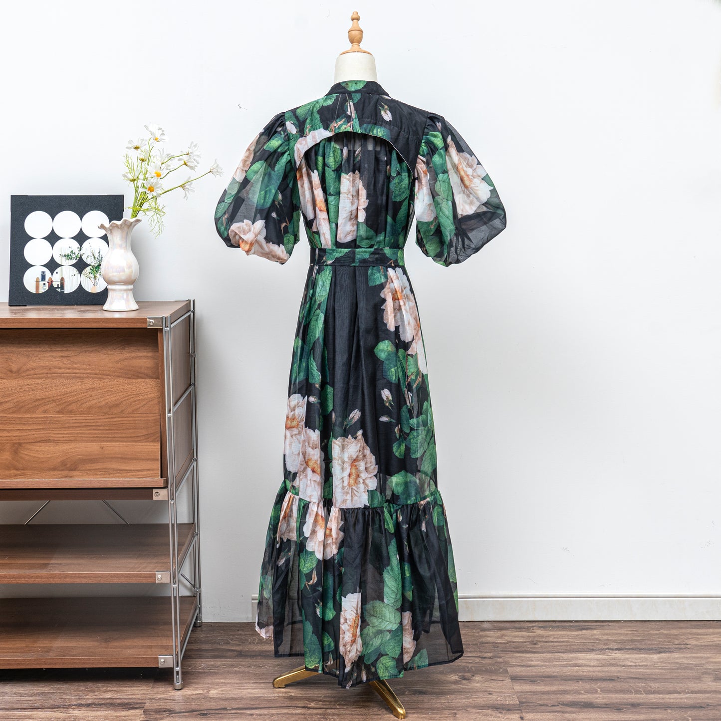 Women's Floral Print Puff Sleeve Fishtail Loose Maxi Dress