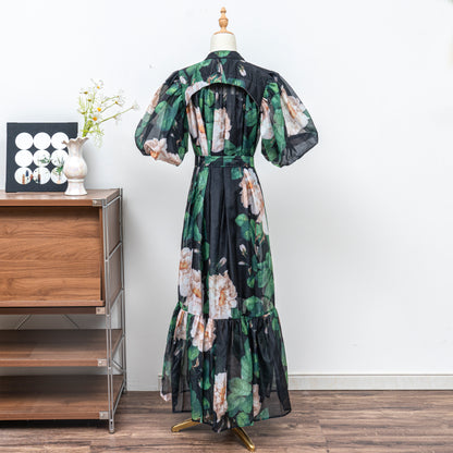 Women's Floral Print Puff Sleeve Fishtail Loose Maxi Dress