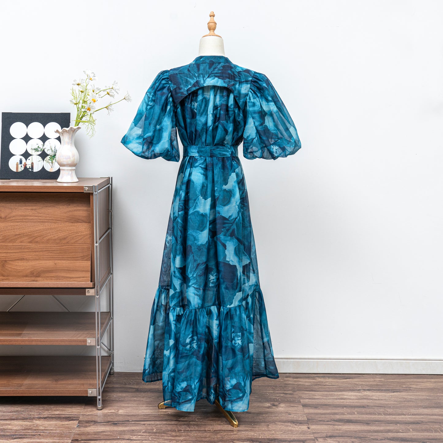 Women's Floral Print Puff Sleeve Fishtail Loose Maxi Dress