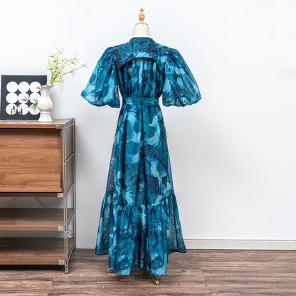 Women's Floral Print Puff Sleeve Fishtail Loose Maxi Dress