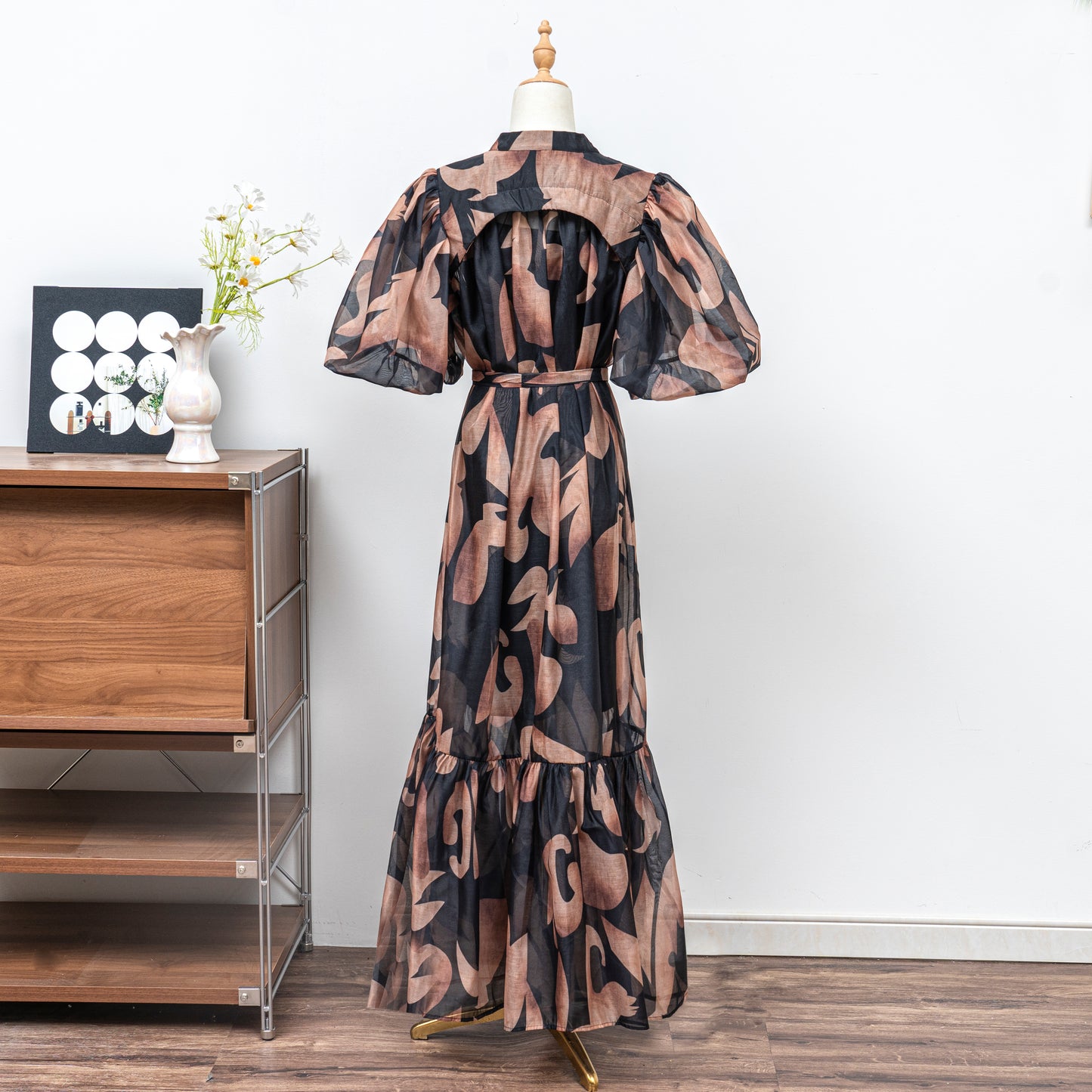 Women's Floral Print Puff Sleeve Fishtail Loose Maxi Dress