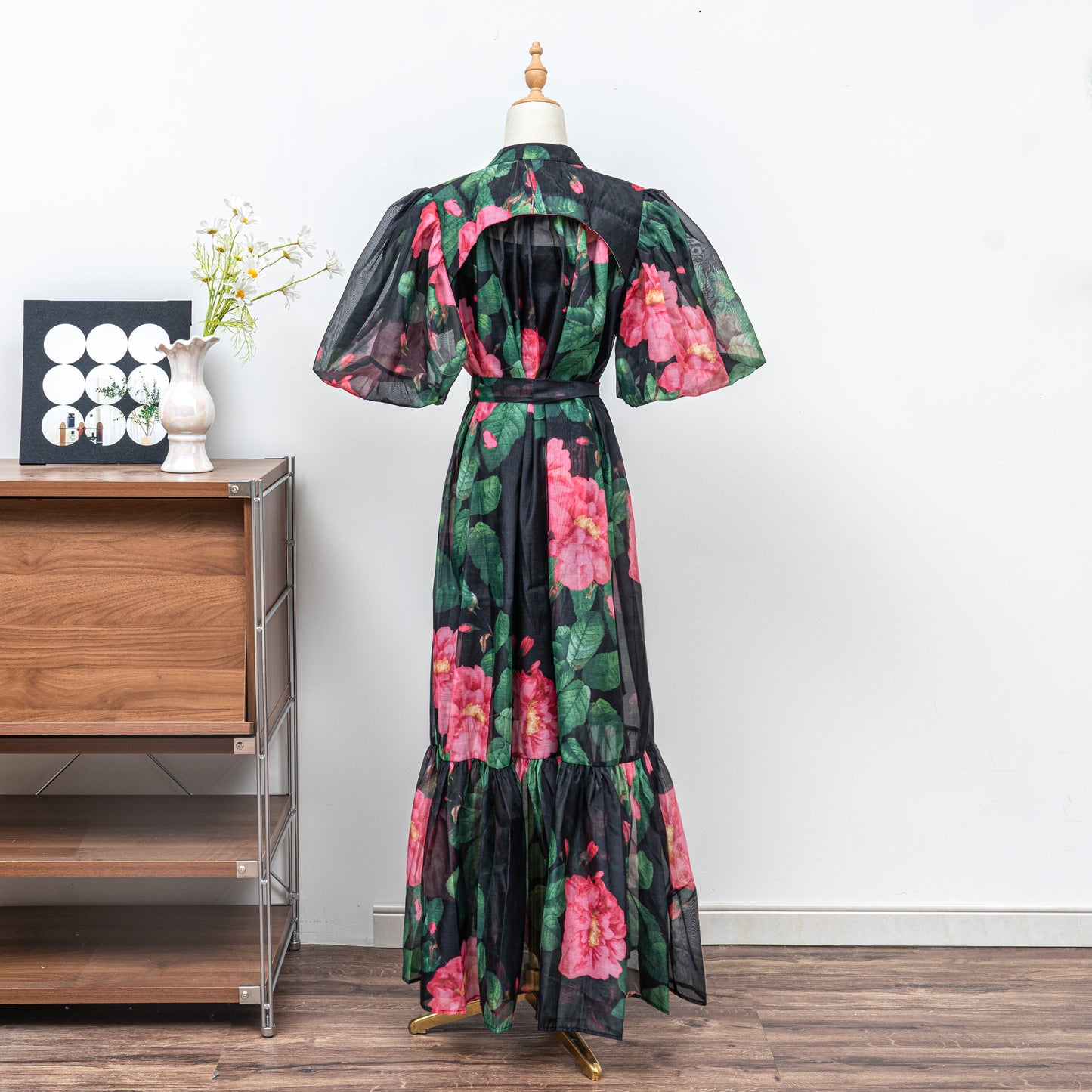 Women's Floral Print Puff Sleeve Fishtail Loose Maxi Dress