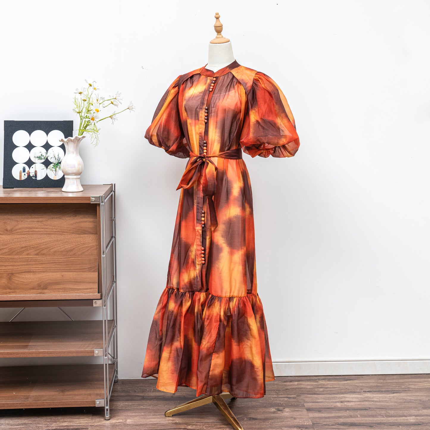Women's Floral Print Puff Sleeve Fishtail Loose Maxi Dress