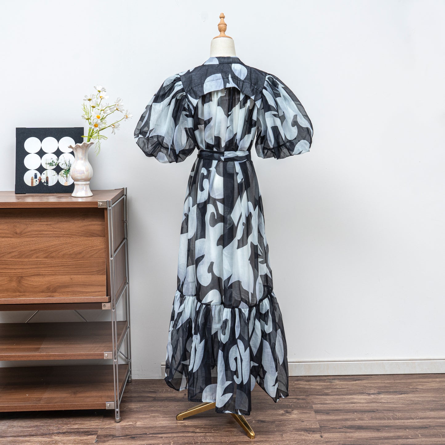Women's Floral Print Puff Sleeve Fishtail Loose Maxi Dress