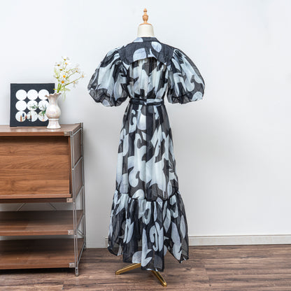 Women's Floral Print Puff Sleeve Fishtail Loose Maxi Dress