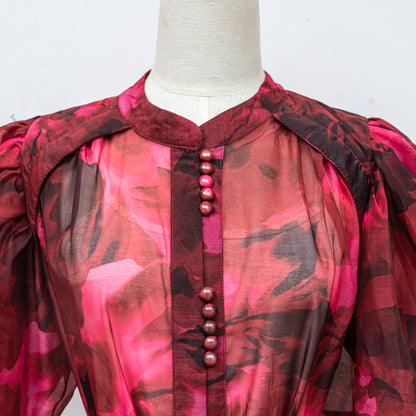 Women's Floral Print Puff Sleeve Fishtail Loose Maxi Dress