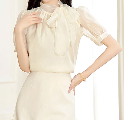 Elegant Bow Tie Pearl Accent Blouse