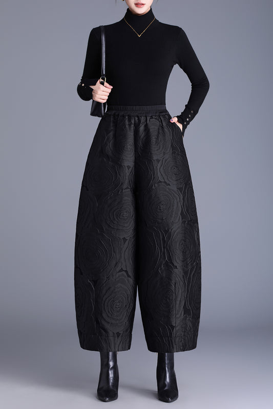 High Waisted Jacquard Cropped Loose Pants